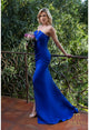 Prom Dresses Pleated Prom Long Slit Formal Dress Cobalt