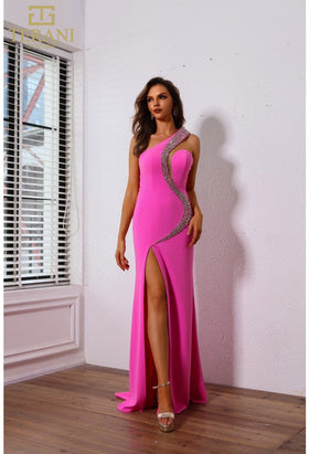 Terani Couture 251P4036 Prom Homecoming One-Shoulder Beaded Long Evening Crepe Dress