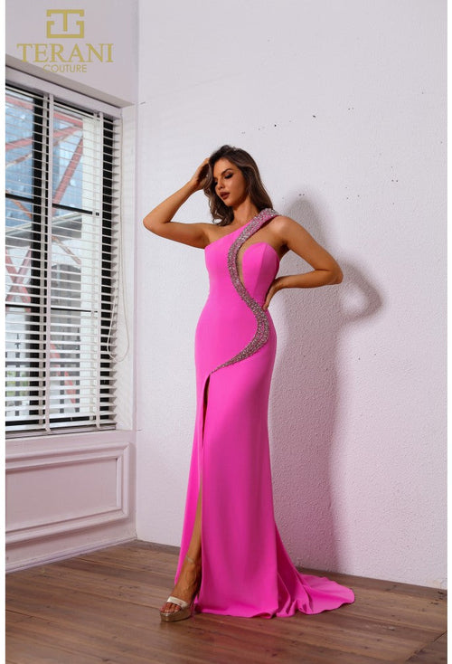 Vestido de fiesta ajustado y acampanado de crepé sin mangas, asimétrico, Terani Couture 251p4036 