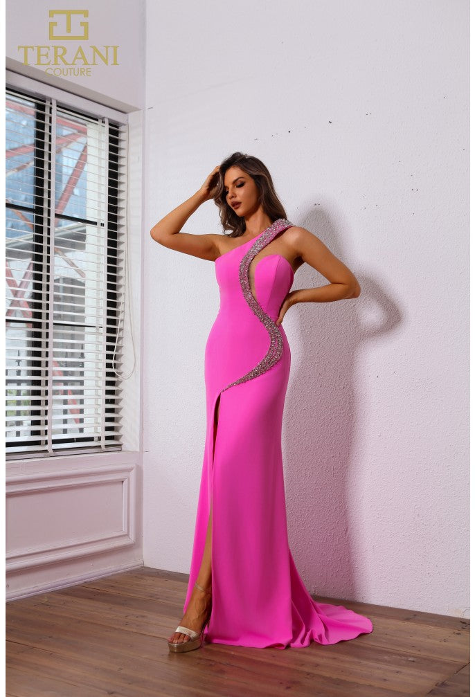 Vestido de fiesta ajustado y acampanado de crepé sin mangas, asimétrico, Terani Couture 251p4036 
