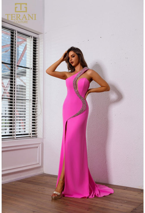 Terani Couture 251P4036 Prom Homecoming One-Shoulder Beaded Long Evening Crepe Dress