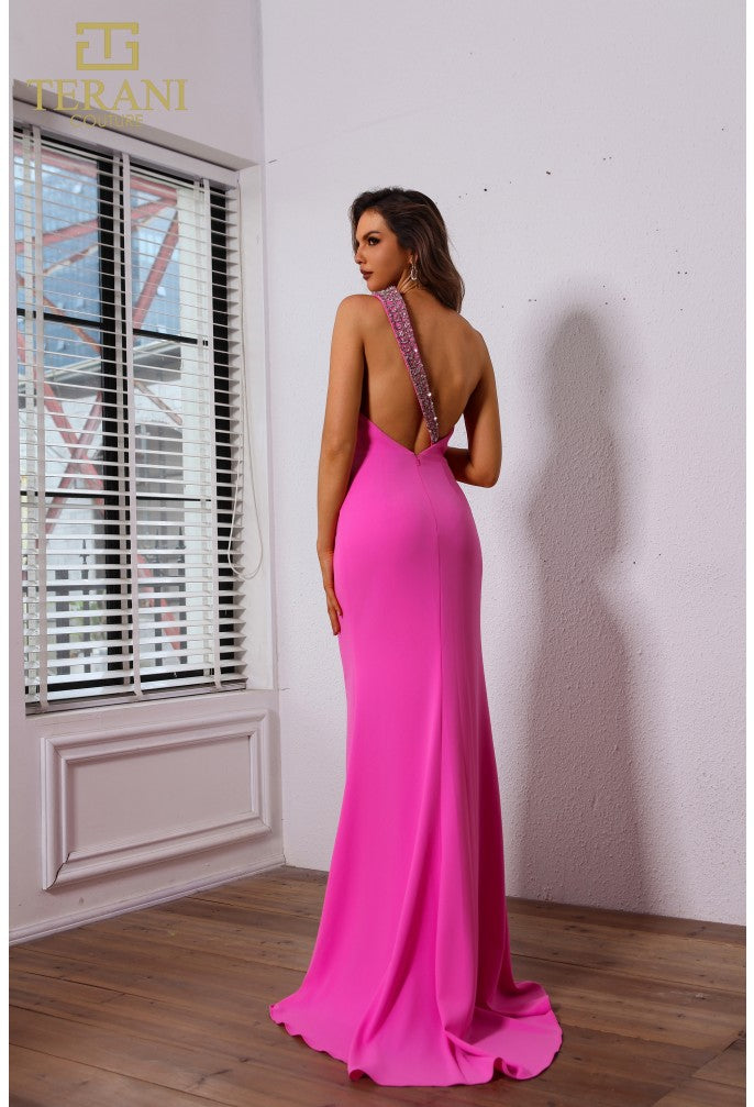 Vestido de fiesta ajustado y acampanado de crepé sin mangas, asimétrico, Terani Couture 251p4036 