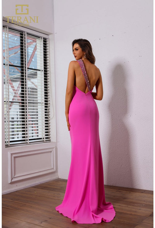 Terani Couture 251P4036 Prom Homecoming One-Shoulder Beaded Long Evening Crepe Dress
