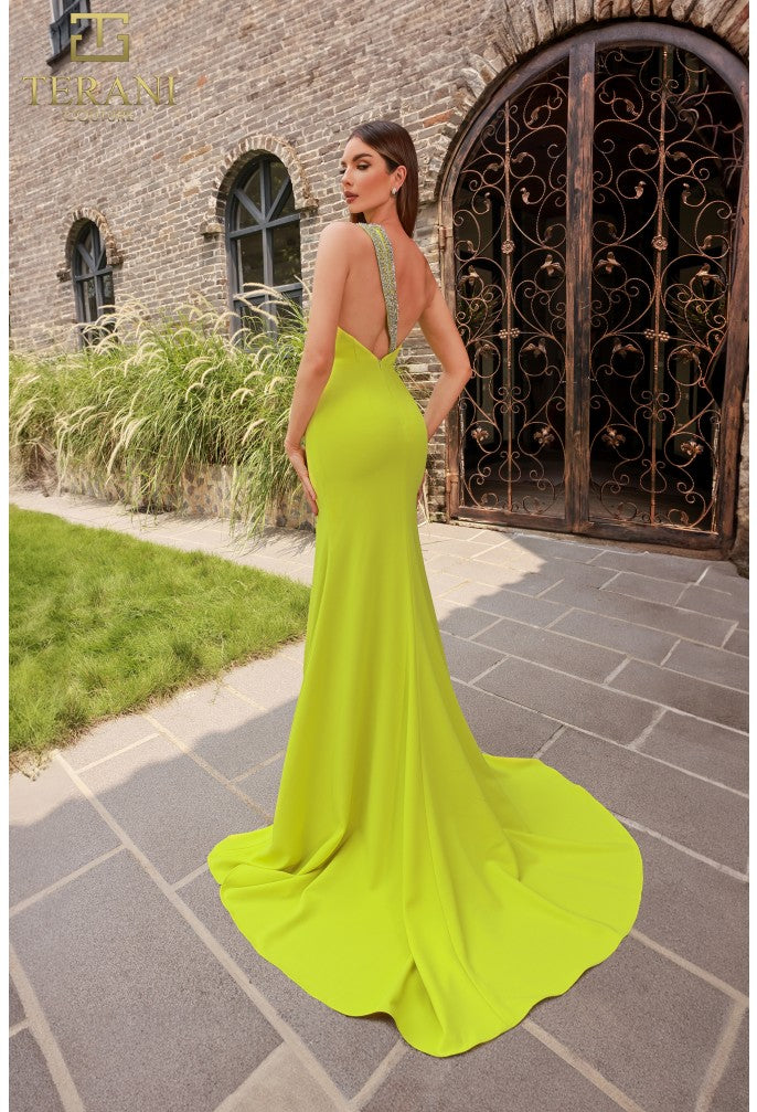Vestido de fiesta largo, formal y ajustado con abertura y cuentas Terani Couture 251P4036