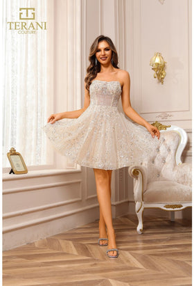 Terani Couture 251P4043 Cocktail Homecoming Strapless Short Beaded Ivory Tulle Dress
