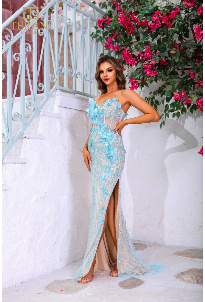 Terani Couture 251P4048 Vestido de fiesta largo, ajustado, con abertura y corsé de cuentas