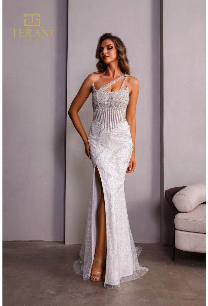 Vestido de fiesta ajustado asimétrico hasta el muslo con abertura lateral Terani Couture 251p4049