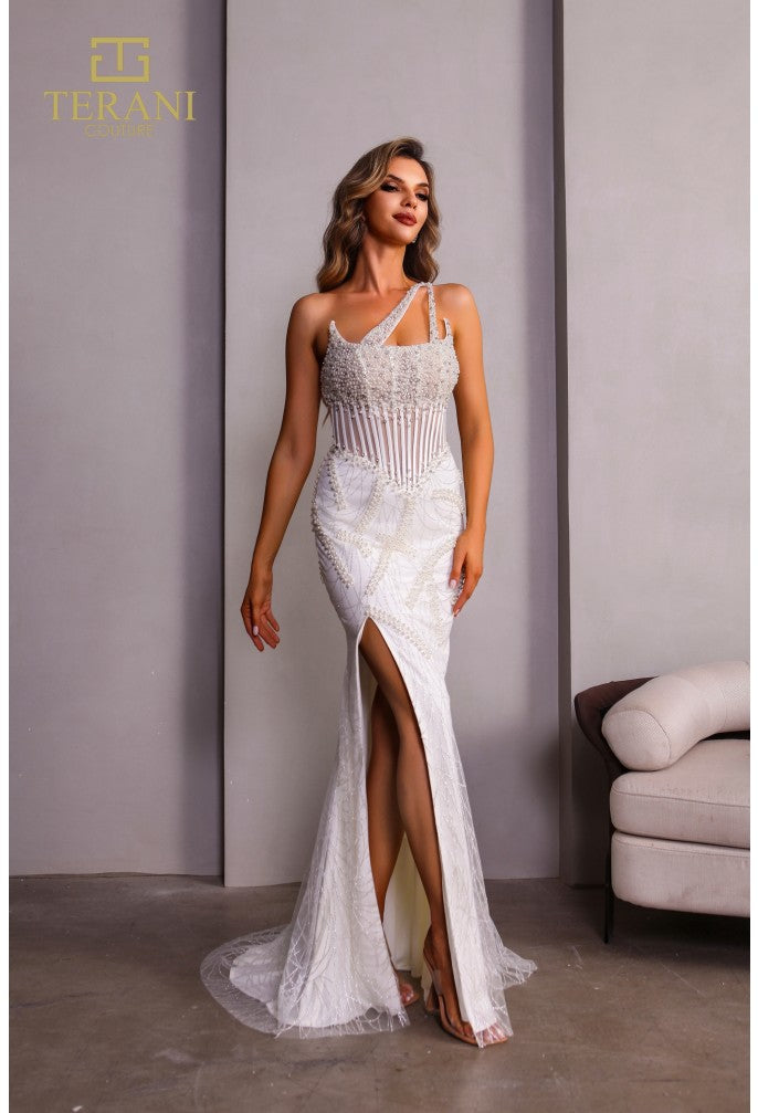 Vestido de fiesta ajustado asimétrico hasta el muslo con abertura lateral Terani Couture 251p4049