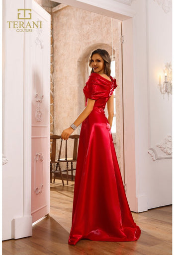 Vestido Terani Couture 251p4052 de corte A con un hombro al descubierto y abertura lateral brillante 