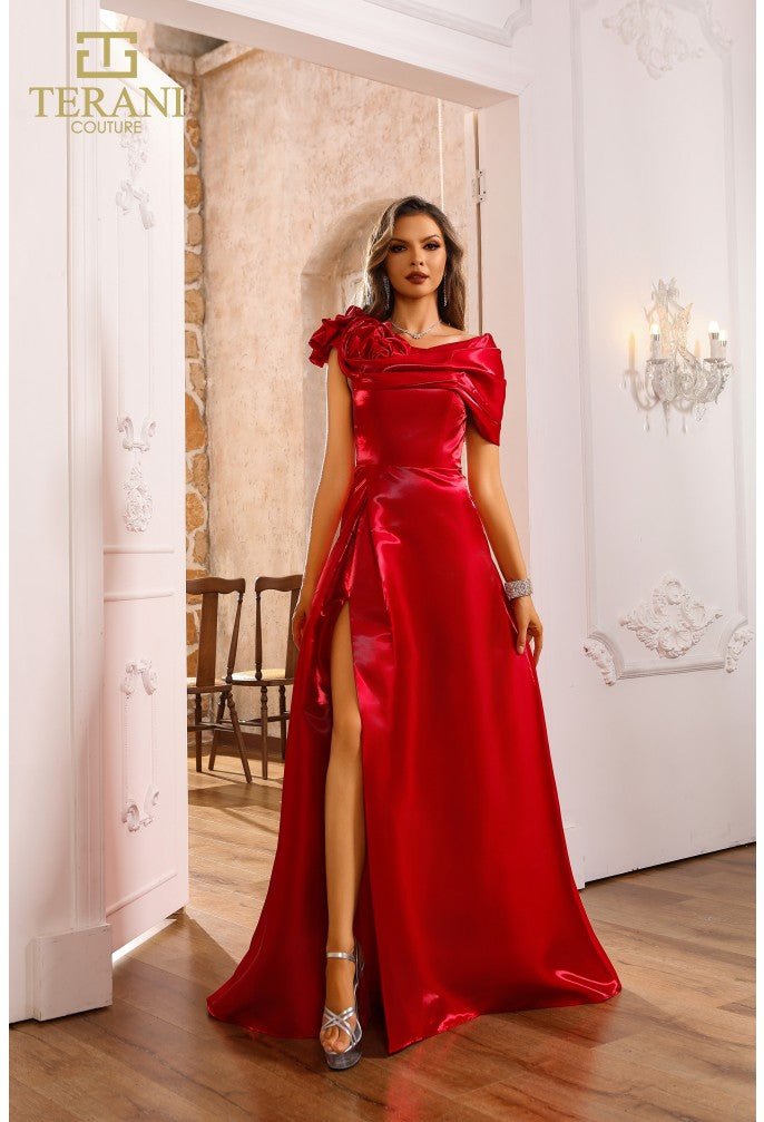 Vestido Terani Couture 251p4052 de corte A con un hombro al descubierto y abertura lateral brillante 