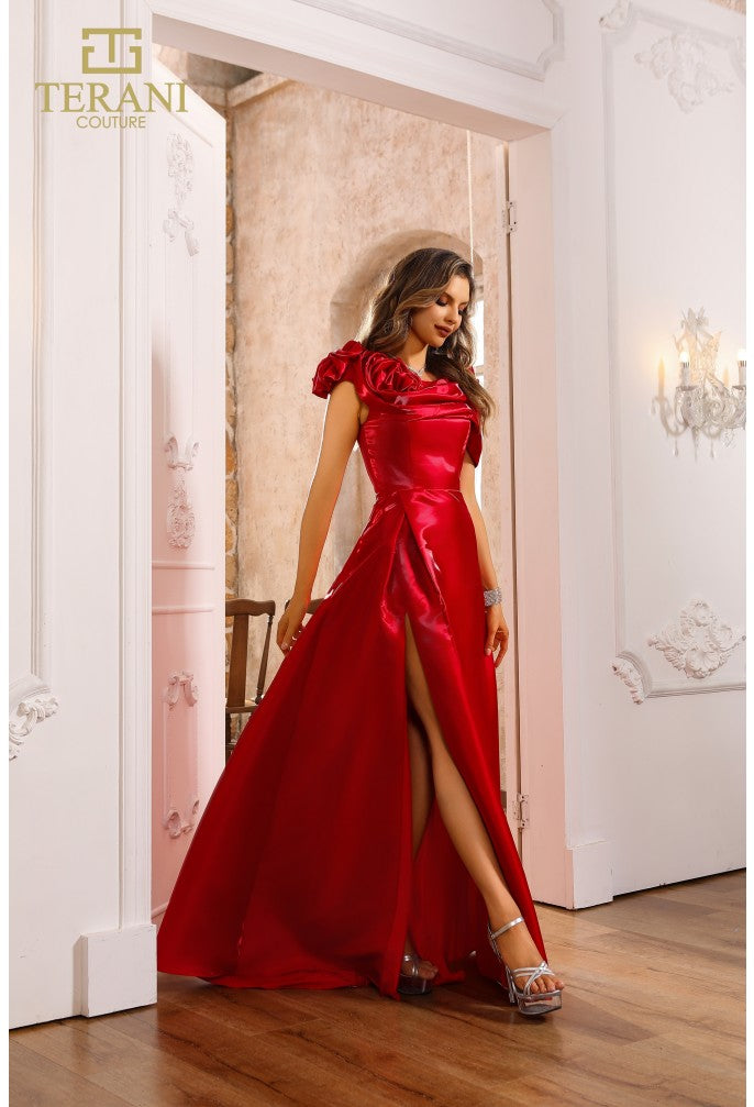 Vestido Terani Couture 251p4052 de corte A con un hombro al descubierto y abertura lateral brillante 
