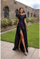 Prom Dresses Pleated Long Formal Slit A Line Prom Dress Indigo
