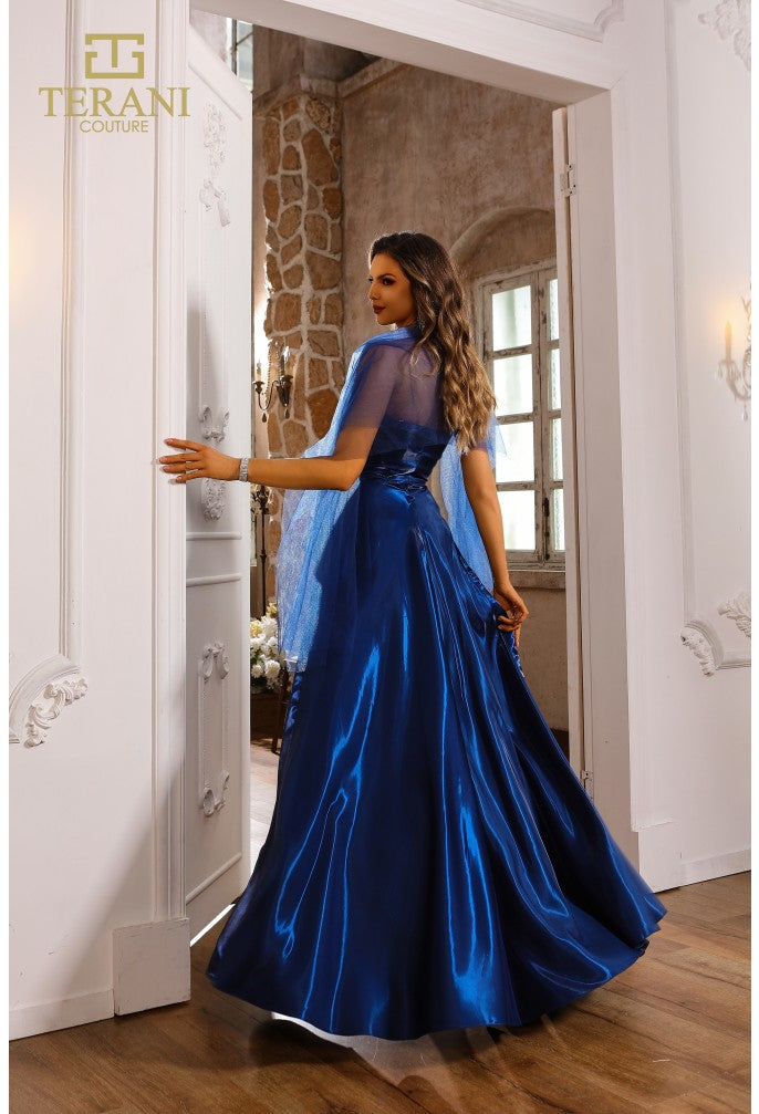 Terani Couture 251p4054 Vestido de fiesta largo sin tirantes con brillo asimétrico