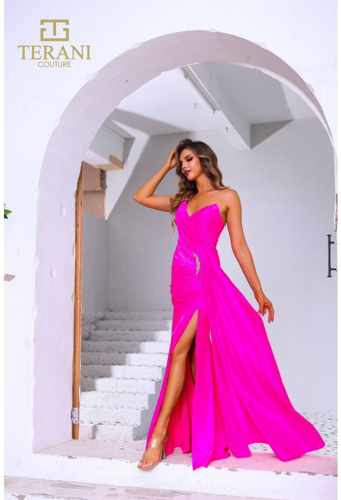 Vestido de fiesta largo, entallado y acampanado, elástico, metalizado, sin tirantes, Terani Couture 251p4055 
