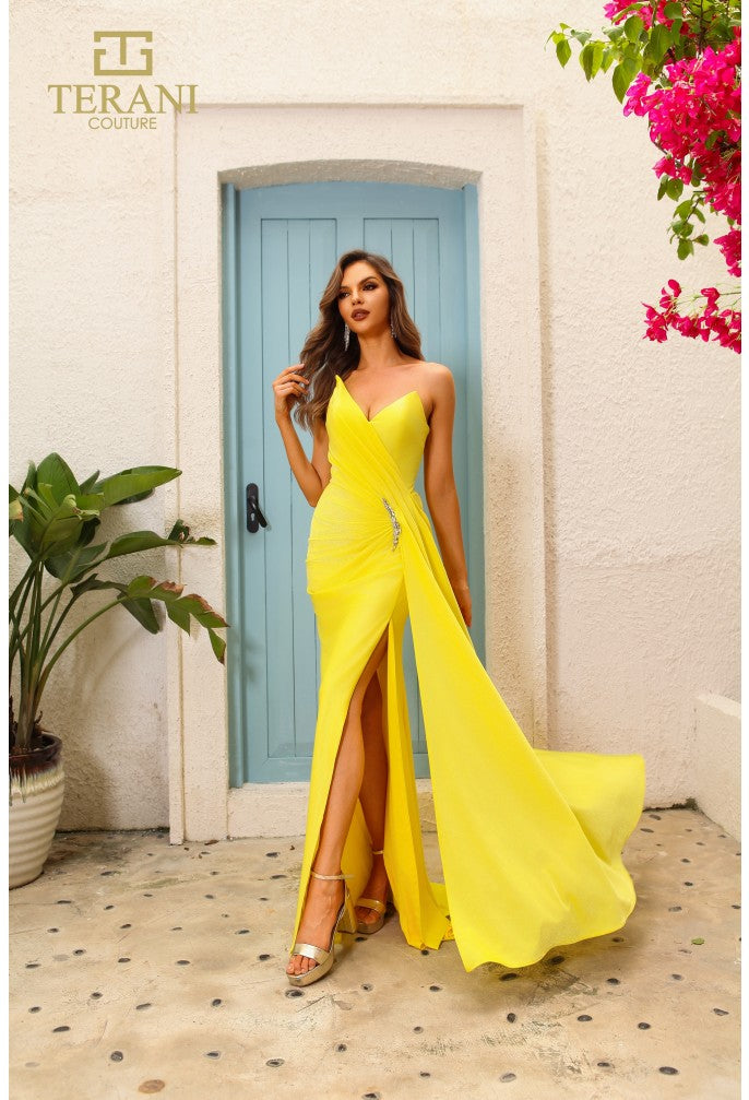 Vestido de fiesta largo, entallado y acampanado, elástico, metalizado, sin tirantes, Terani Couture 251p4055 