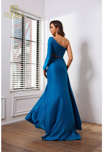 Vestido de fiesta largo metalizado elástico asimétrico entallado y con vuelo Terani Couture 251p4056