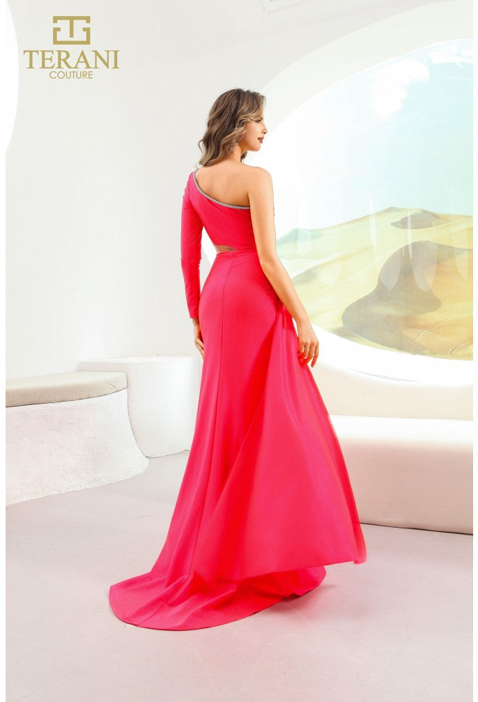 Vestido de fiesta largo metalizado elástico asimétrico entallado y con vuelo Terani Couture 251p4056
