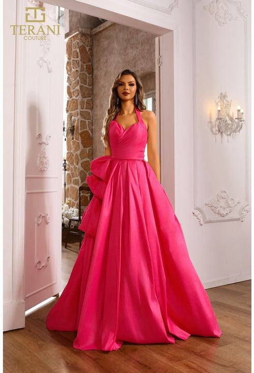 Terani Couture 251P4058 Prom Halter Pleated Ruffled Long Formal Stretch Taffeta Dress