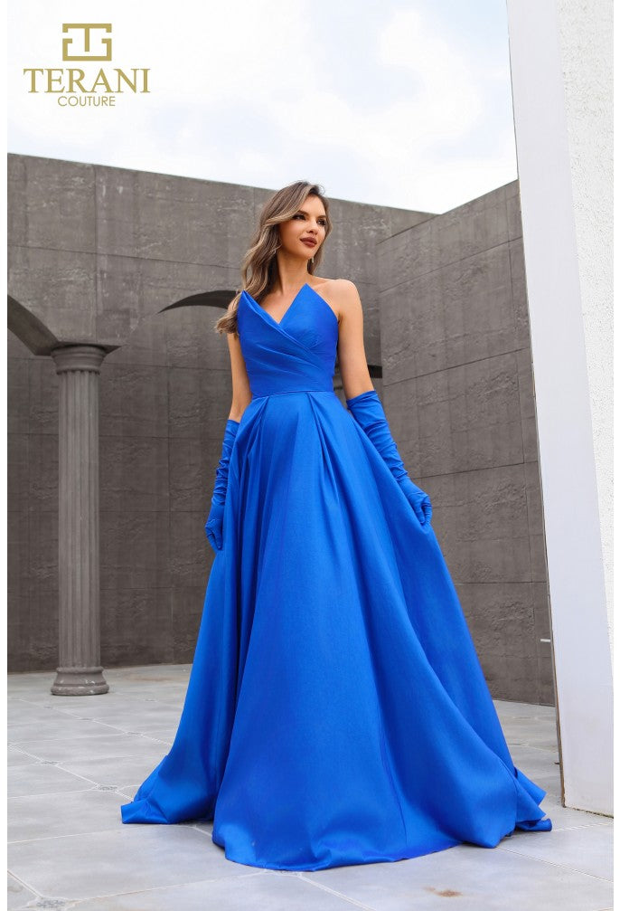 Vestido de fiesta largo de satén sin mangas, corte A, Terani Couture 251p4060