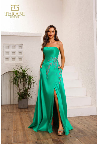 Terani Couture 251P4061 Glamorous Strapless A-Line Slit Evening Stretch Mikado Dress