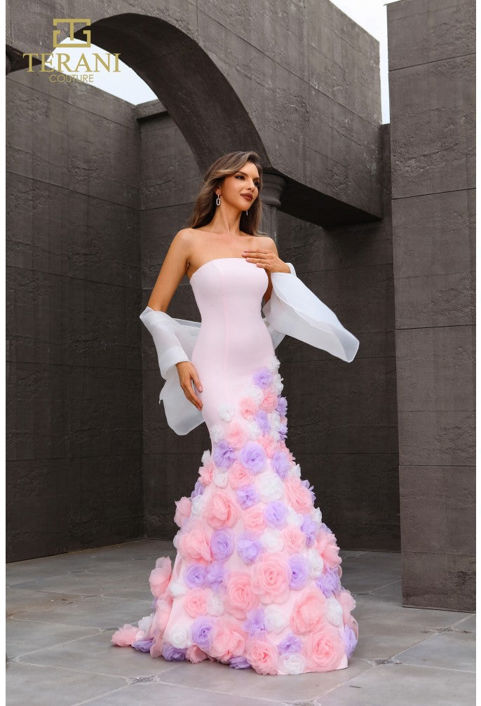 Vestido de fiesta largo rosa bebé con corte trompeta sin tirantes Terani Couture 251p4091
