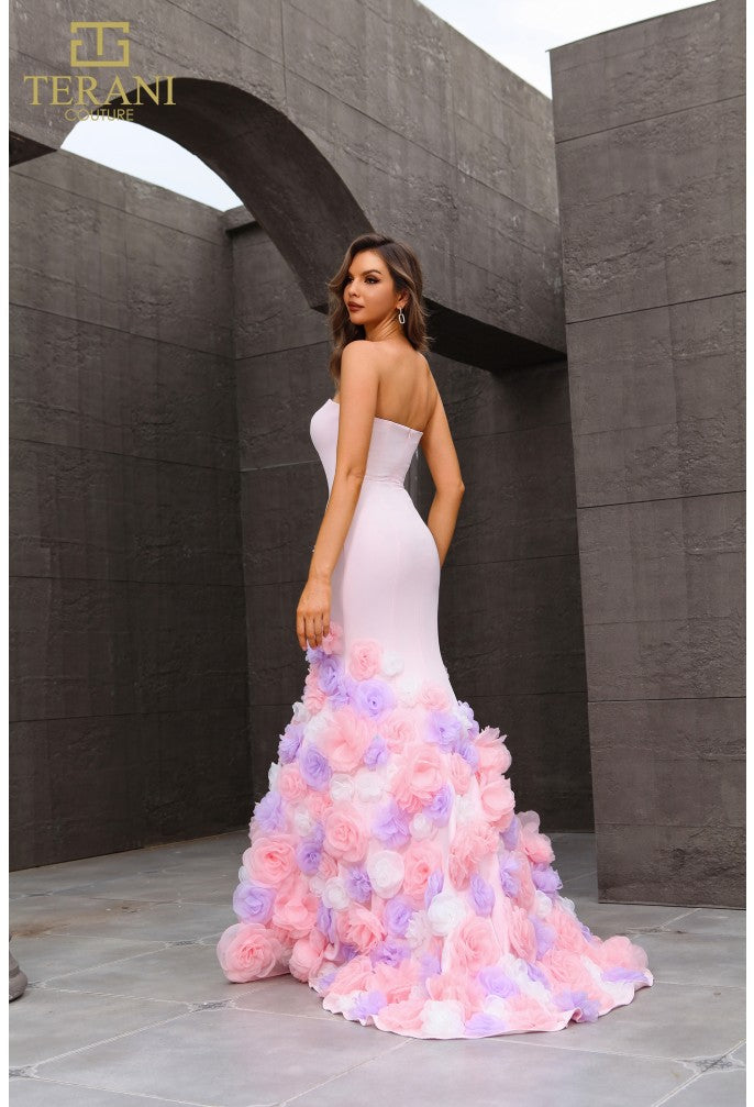 Vestido de fiesta largo rosa bebé con corte trompeta sin tirantes Terani Couture 251p4091