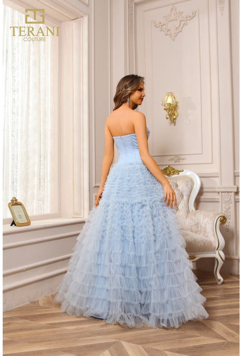 Terani Couture 251P4092 Formal Prom Strapless BallDress Lace Ruffled Long Tulle Dress