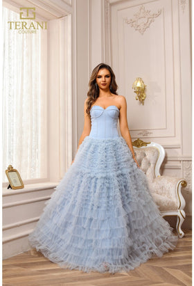 Terani Couture 251P4092 Formal Prom Strapless BallDress Lace Ruffled Long Tulle Dress