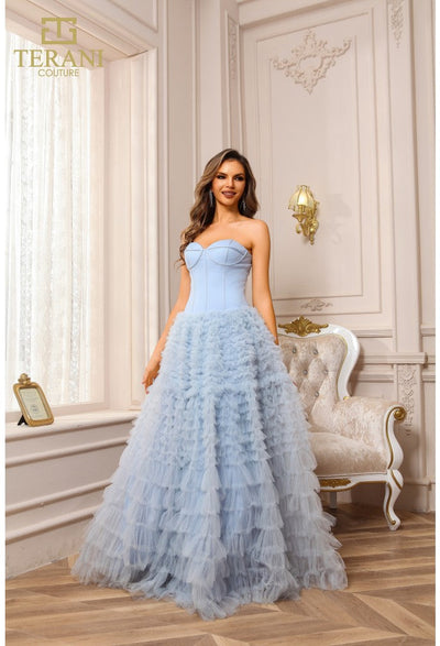 Terani Couture 251P4092 Formal Prom Strapless BallDress Lace Ruffled Long Tulle Dress