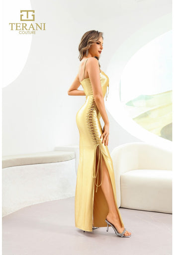 Vestido de fiesta largo de satén y jersey ajustado Terani Couture 251p4119