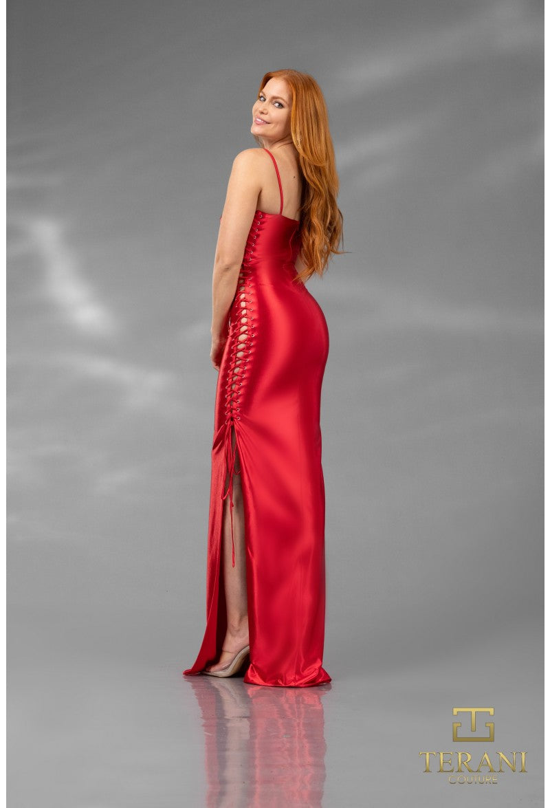 Vestido de fiesta largo de satén y jersey ajustado Terani Couture 251p4119