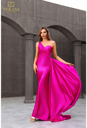 Terani Couture 251P4123 Prom Homecoming One-Shoulder Blush Formal Jersey Satin Dress