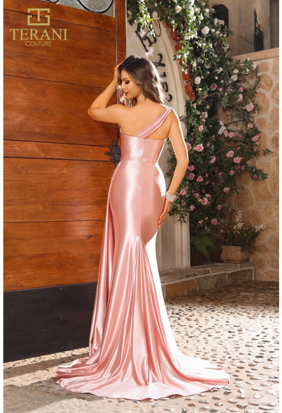 Terani Couture 251P4123 Prom Homecoming One-Shoulder Blush Formal Jersey Satin Dress
