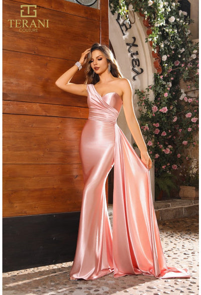 Terani Couture 251P4123 Prom Homecoming One-Shoulder Blush Formal Jersey Satin Dress