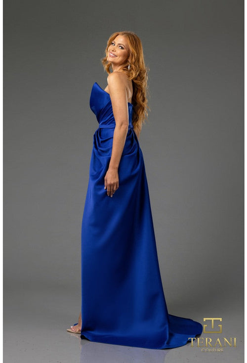 Terani Couture 251P4131 Prom Strapless A-Line Pleated Evening Matte Royal Satin Dress
