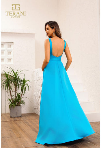 Vestido de fiesta largo de satén de jersey con escote redondo y corte en A de Terani Couture 251p4136 