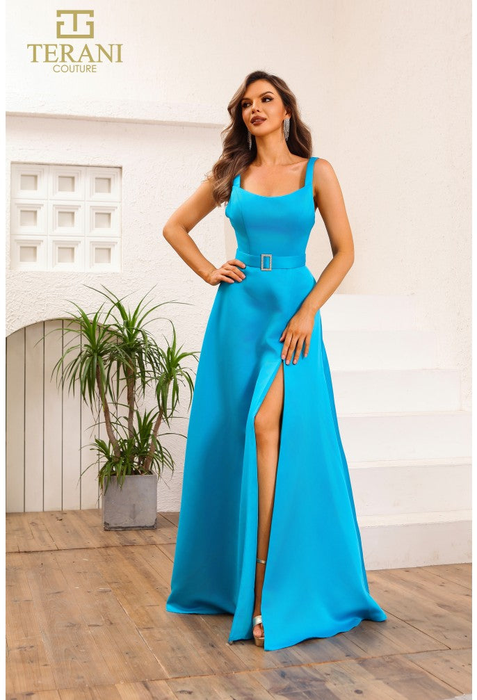 Vestido de fiesta largo de satén de jersey con escote redondo y corte en A de Terani Couture 251p4136 