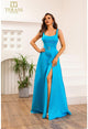 Vestido de fiesta largo de satén de jersey con escote redondo y corte en A de Terani Couture 251p4136 