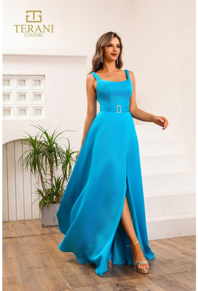 Vestido de fiesta largo de satén de jersey con escote redondo y corte en A de Terani Couture 251p4136 