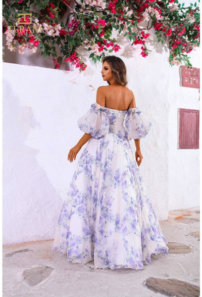 Vestido de fiesta largo estampado, corte A, Terani Couture 251P4141