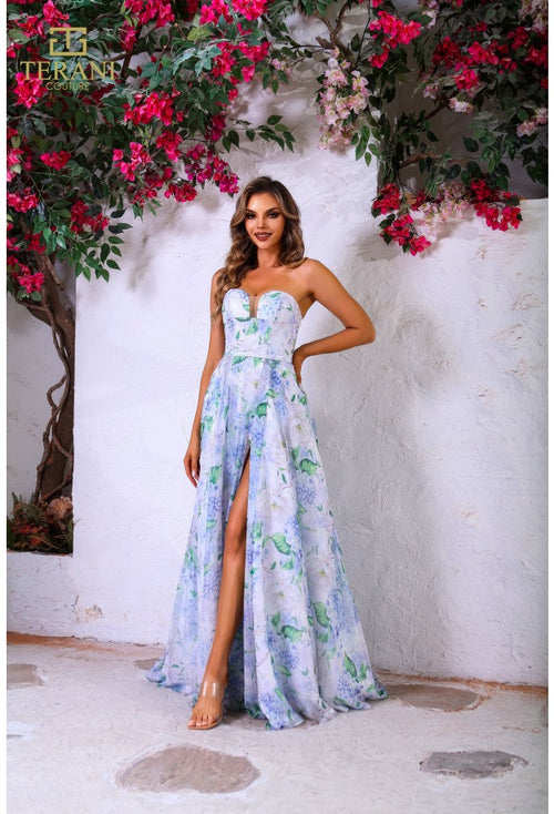 Terani Couture 251P4142 Elegant Prom Strapless A-Line Slit Long Evening Chiffon Dress