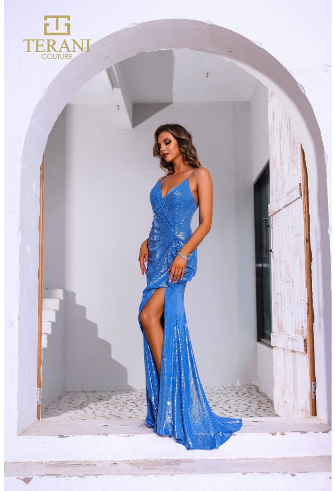 Terani Couture 251P4144 Vestido largo de fiesta formal con lentejuelas y corte en A
