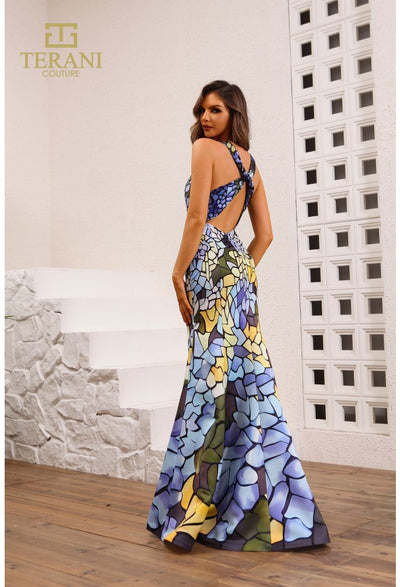 Terani Couture 251P4146 Sophisticated Formal Prom Strapless Long Printed Satin Dress