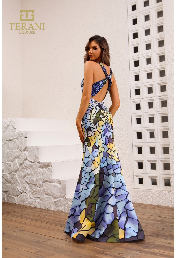 Terani Couture 251p4146 Elegante vestido de fiesta largo con estampado floral entallado