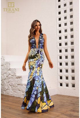 Terani Couture 251P4146 Sophisticated Formal Prom Strapless Long Printed Satin Dress