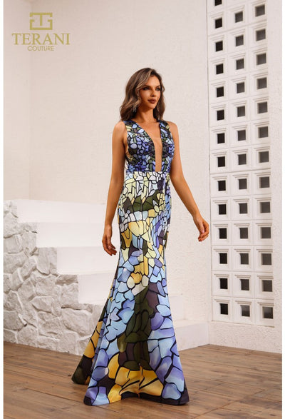 Terani Couture 251P4146 Sophisticated Formal Prom Strapless Long Printed Satin Dress