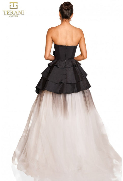 Terani Couture 251P4270 Formal Prom Strapless Ruffled Long Evening Black Tulle Dress