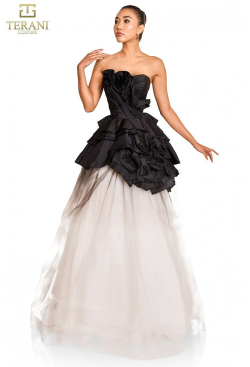Terani Couture 251P4270 Formal Prom Strapless Ruffled Long Evening Black Tulle Dress