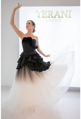 Terani Couture 251P4270 Formal Prom Strapless Ruffled Long Evening Black Tulle Dress