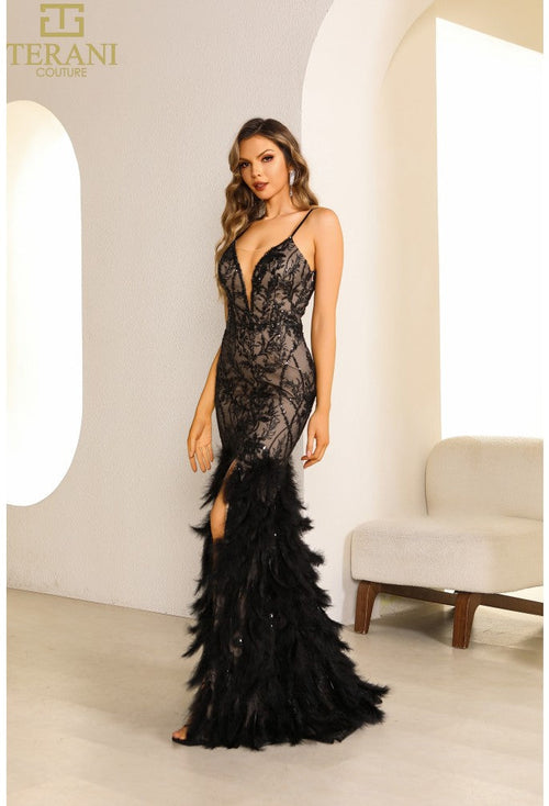 Terani Couture Fitted Long Evening Dress with Feathers Style 251P4321